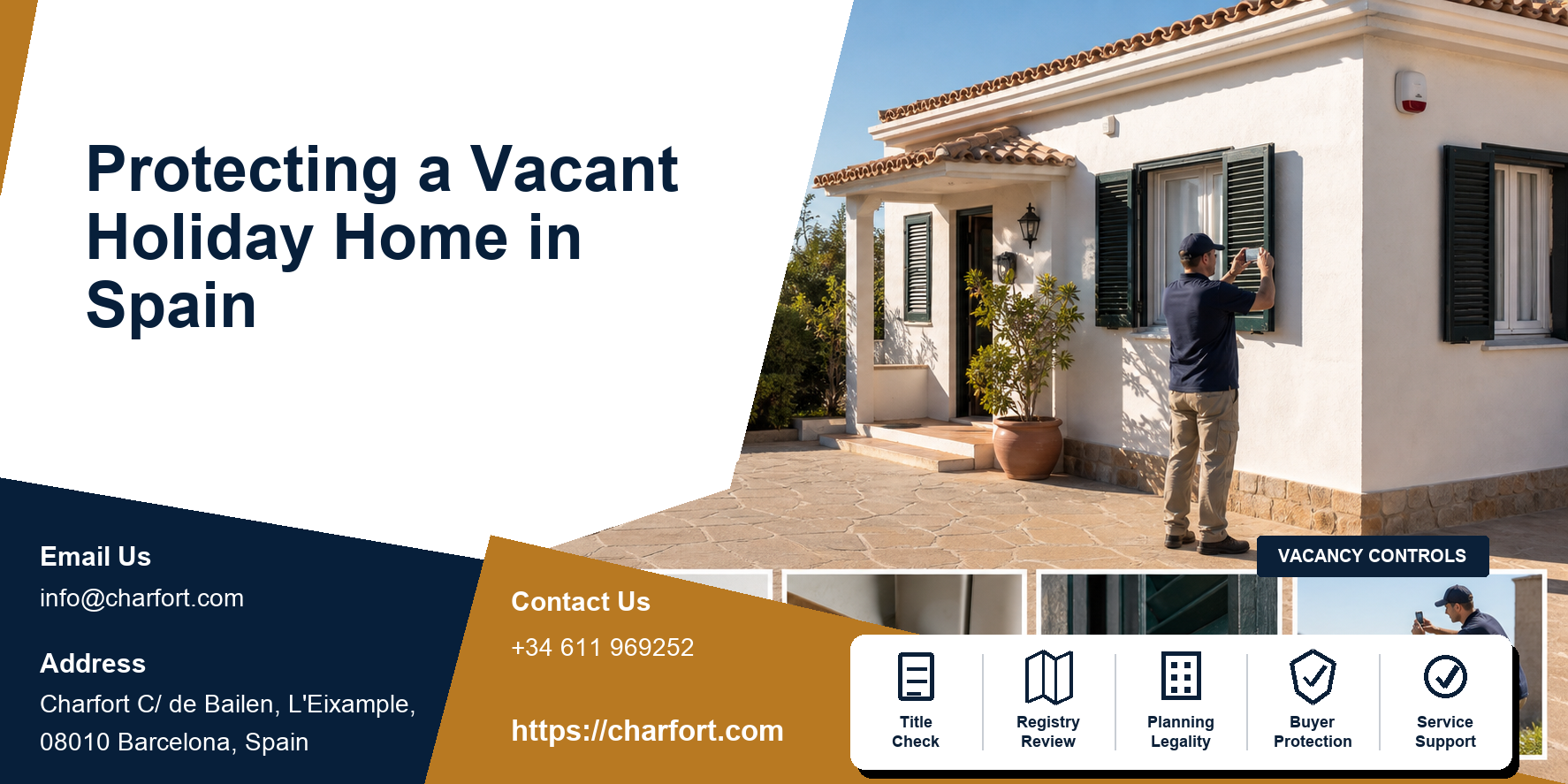 Vacant Spanish holiday home with secured shutters, leak sensor, inspection log and local keyholder