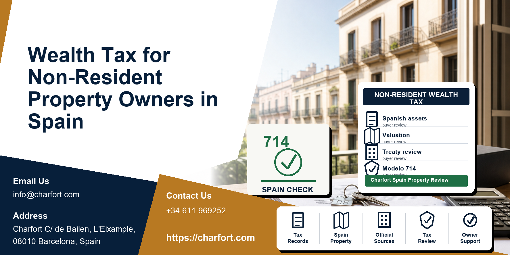Wealth Tax for Non-Resident Property Owners in Spain featured image with Spanish property documents and Barcelona residential background